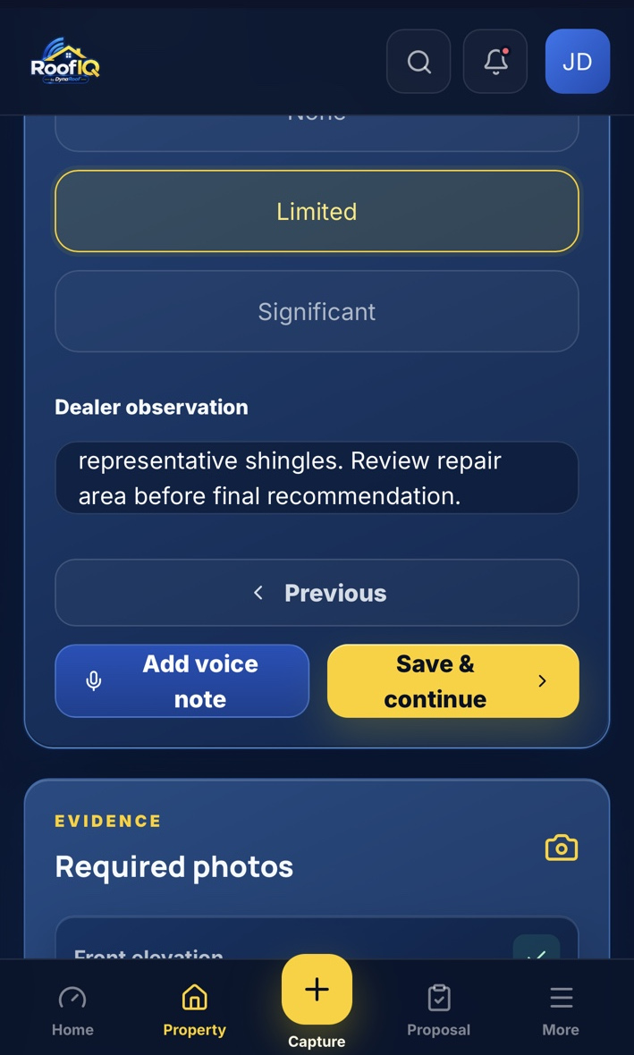 RoofIQ assessment screen