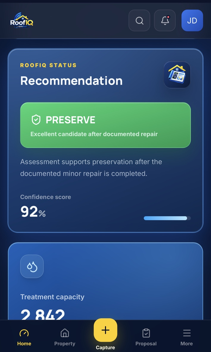 RoofIQ recommendation screen